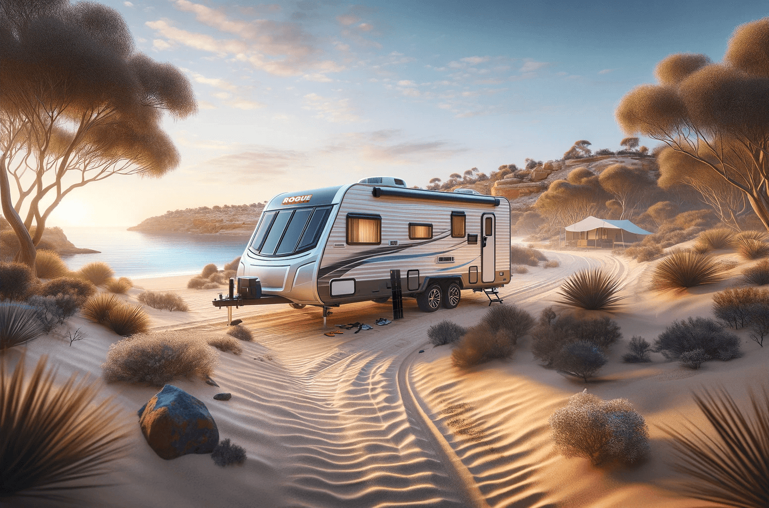 Rogue Culture caravan on the beach in South Australia.