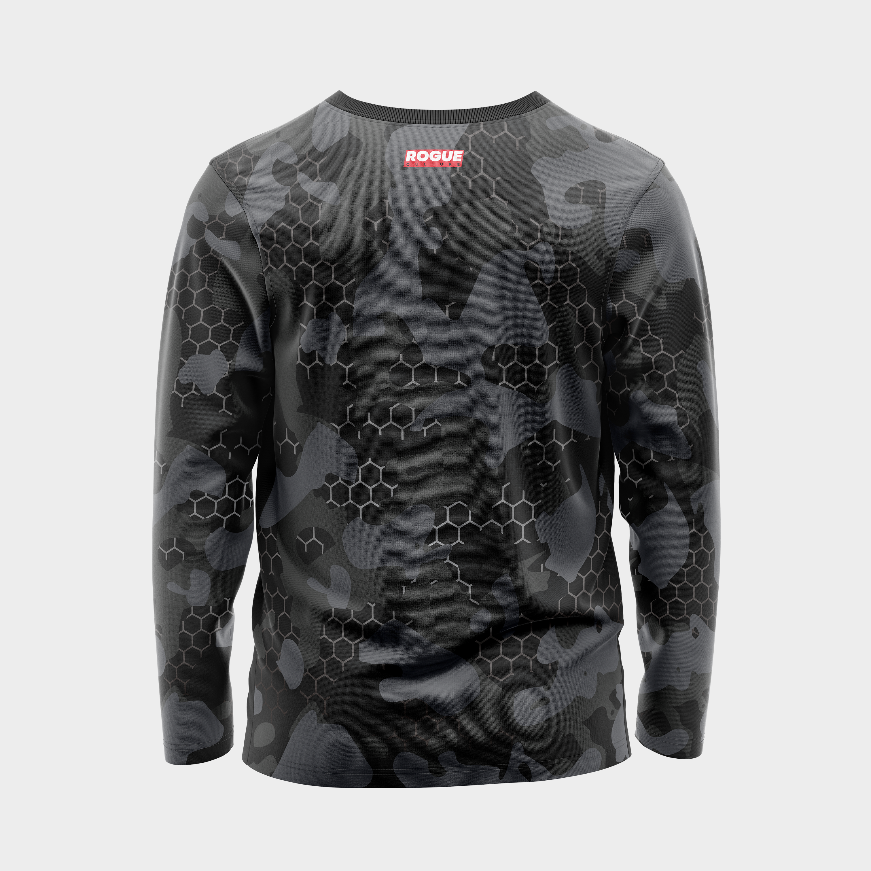 Back view of the Black Hex UPF 50+ shirt showing the full-width Rogue Culture back print