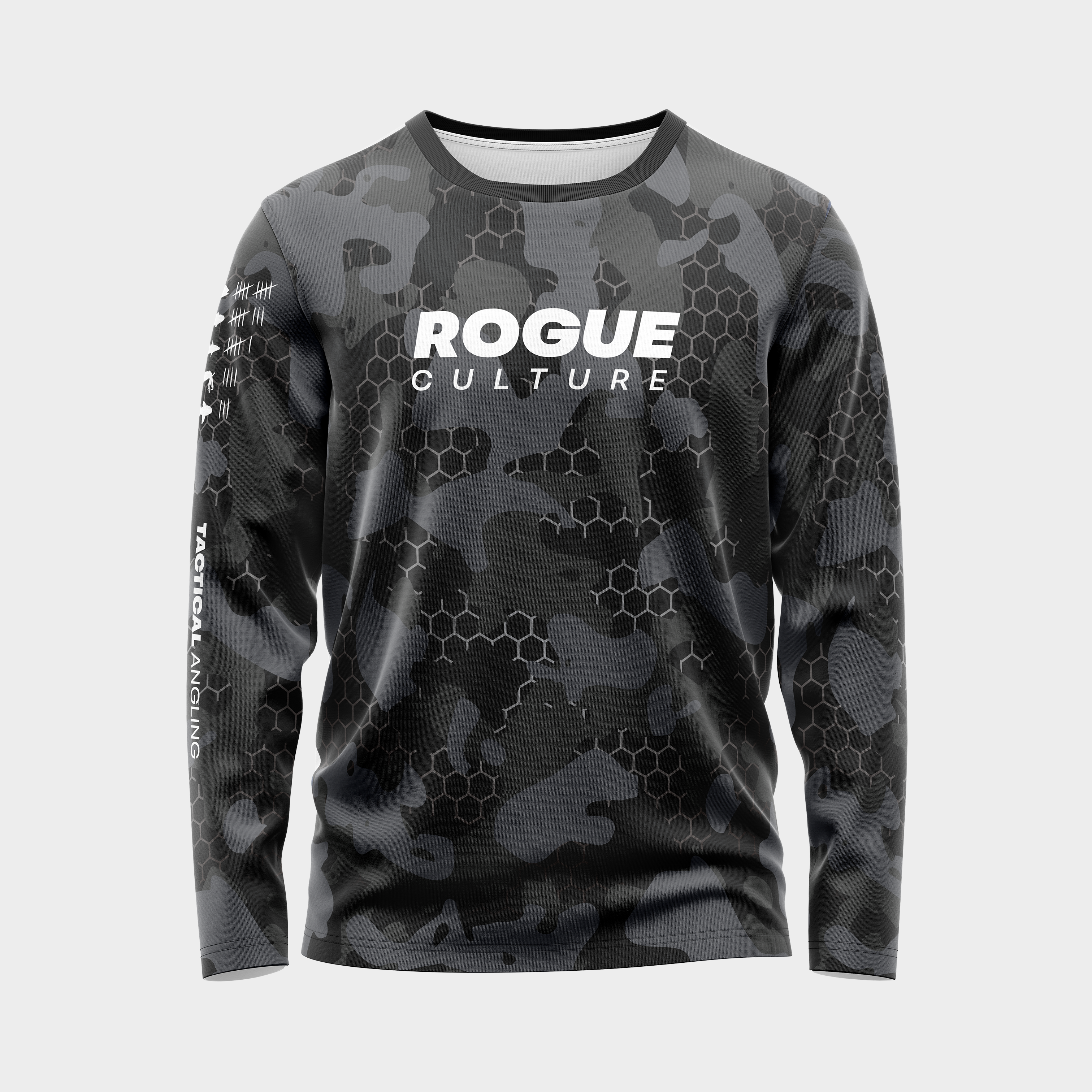 Front view of the Black Hex UPF 50+ long sleeve shirt showing the black hexagon print and Rogue Culture chest logo