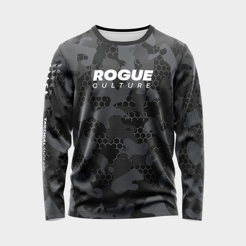 Front view of the Black Hex UPF 50+ long sleeve shirt showing the black hexagon print and Rogue Culture chest logo