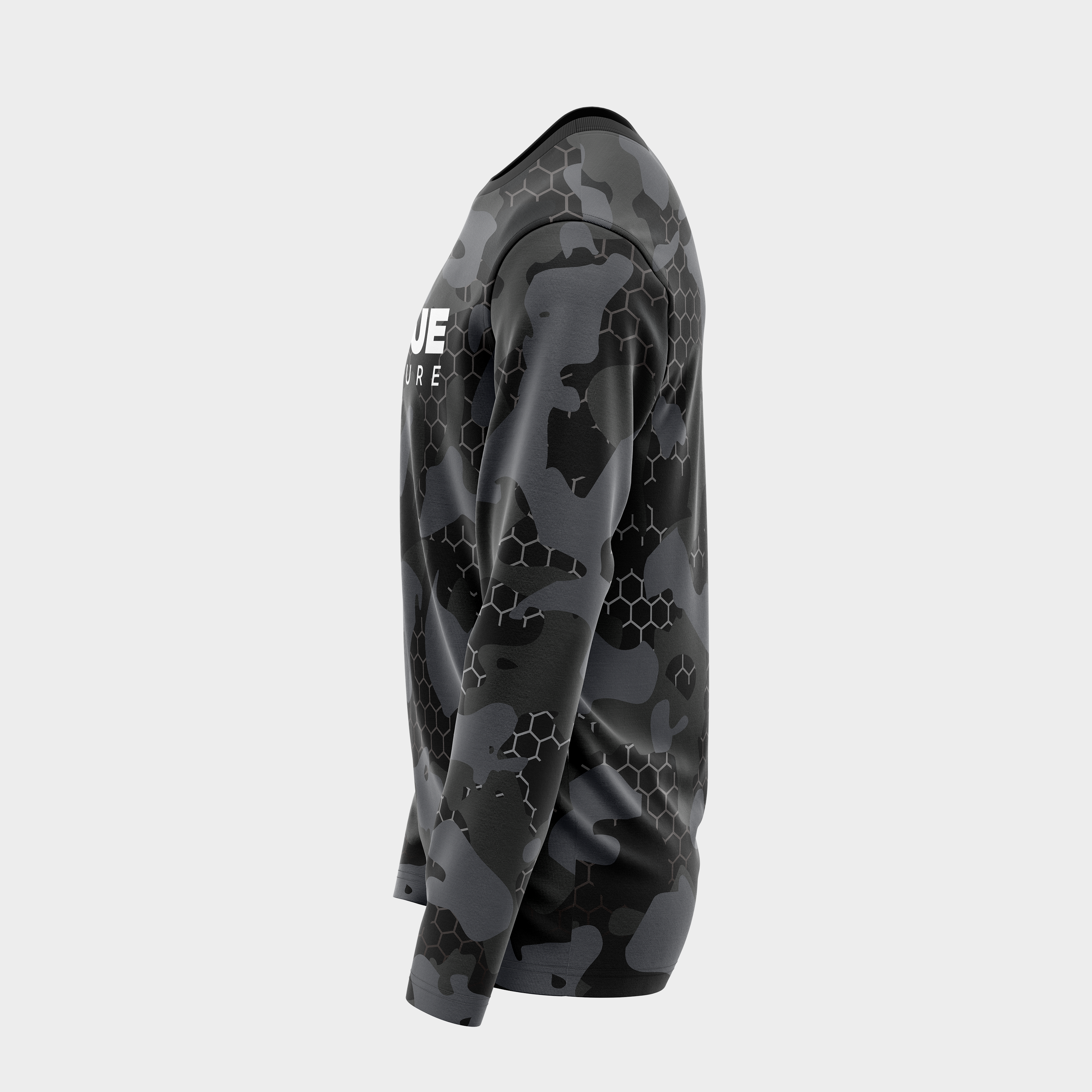 Left side view of the Black Hex UPF 50+ shirt showing the sleeve hexagon pattern and body fit