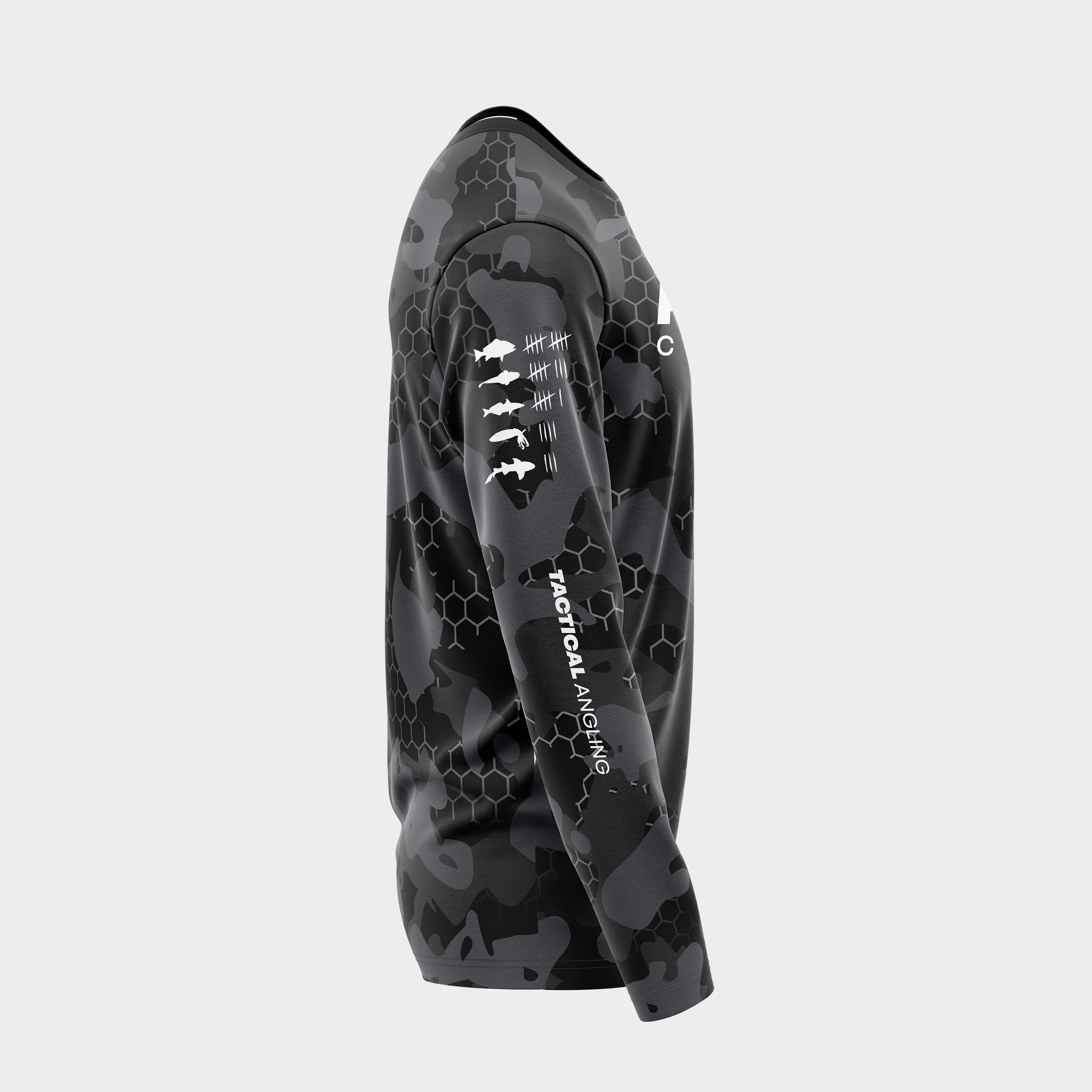Right side view of the Black Hex UPF 50+ shirt showing the long sleeve and thumb hole cuff