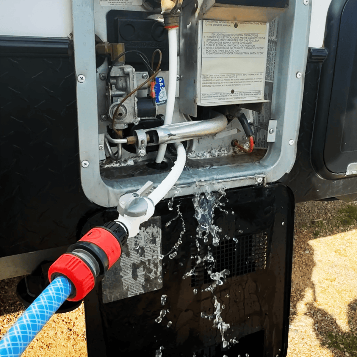 Caravan Water Tank Quick Filler connected to a garden hose