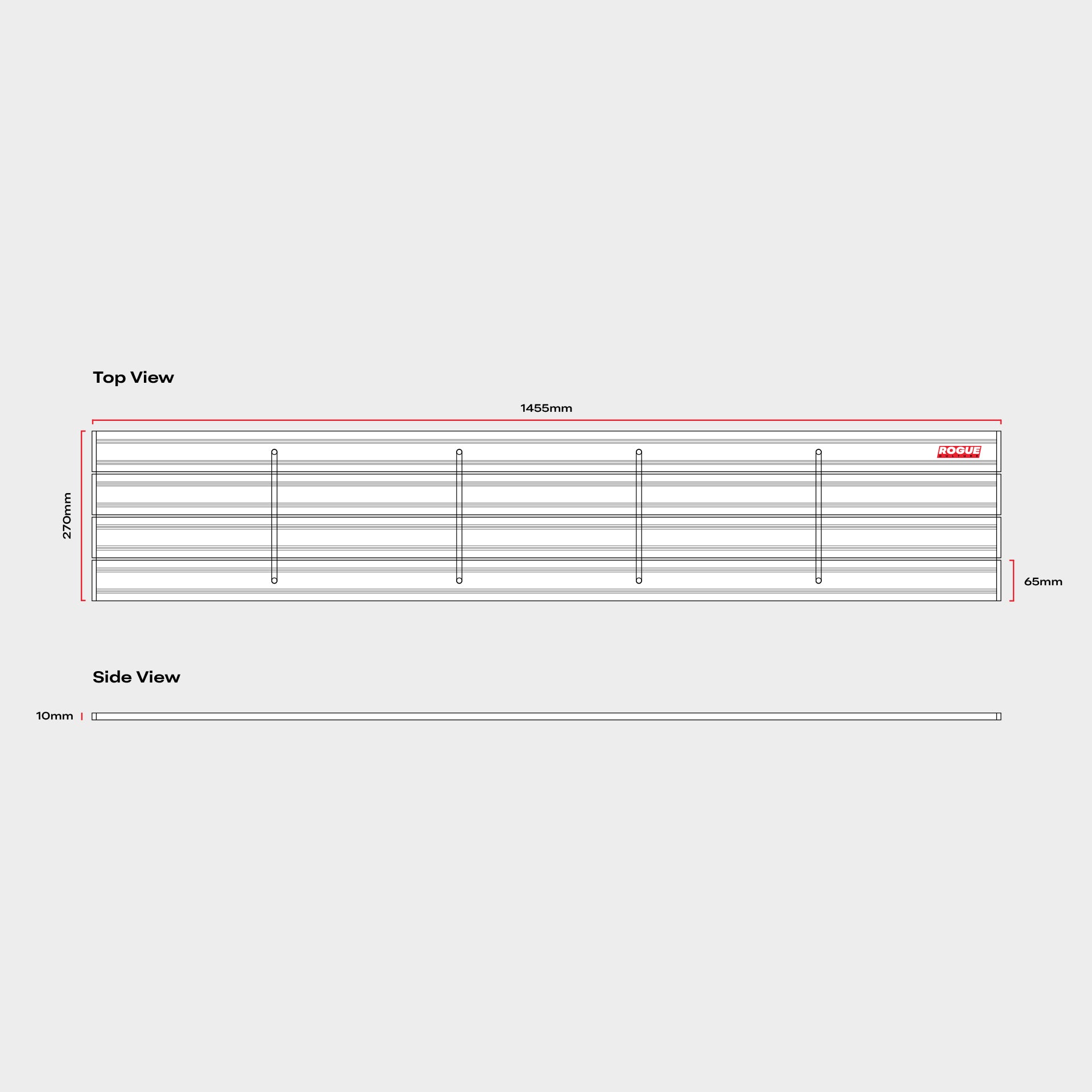 Dimensioned diagram of the wheel arch shelf: 1,455 mm long, 270 mm deep and 10 mm thick unfolded