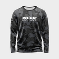 Front view of the Black Hex UPF 50+ long sleeve shirt showing the black hexagon print and Rogue Culture chest logo