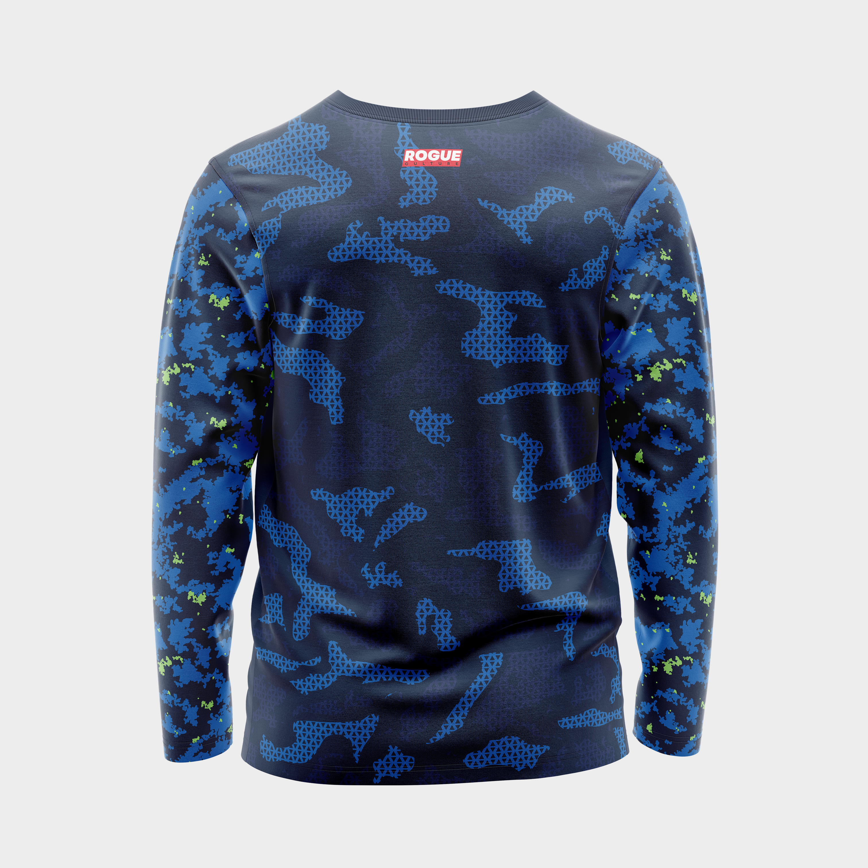 Back view of the Marine Camo UPF 50+ shirt showing the full-width Rogue Culture back print