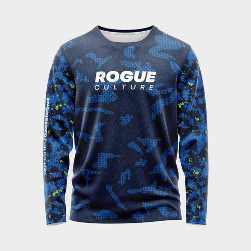 Front view of the Marine Camo UPF 50+ long sleeve shirt showing the camouflage print and Rogue Culture chest logo