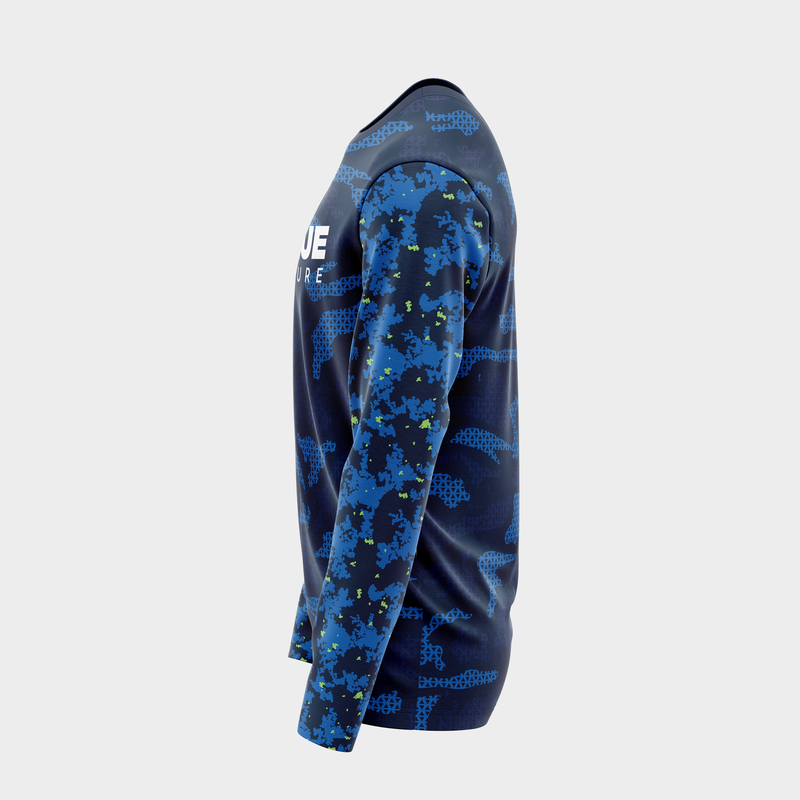 Left side view of the Marine Camo UPF 50+ shirt showing the sleeve camouflage pattern and body fit