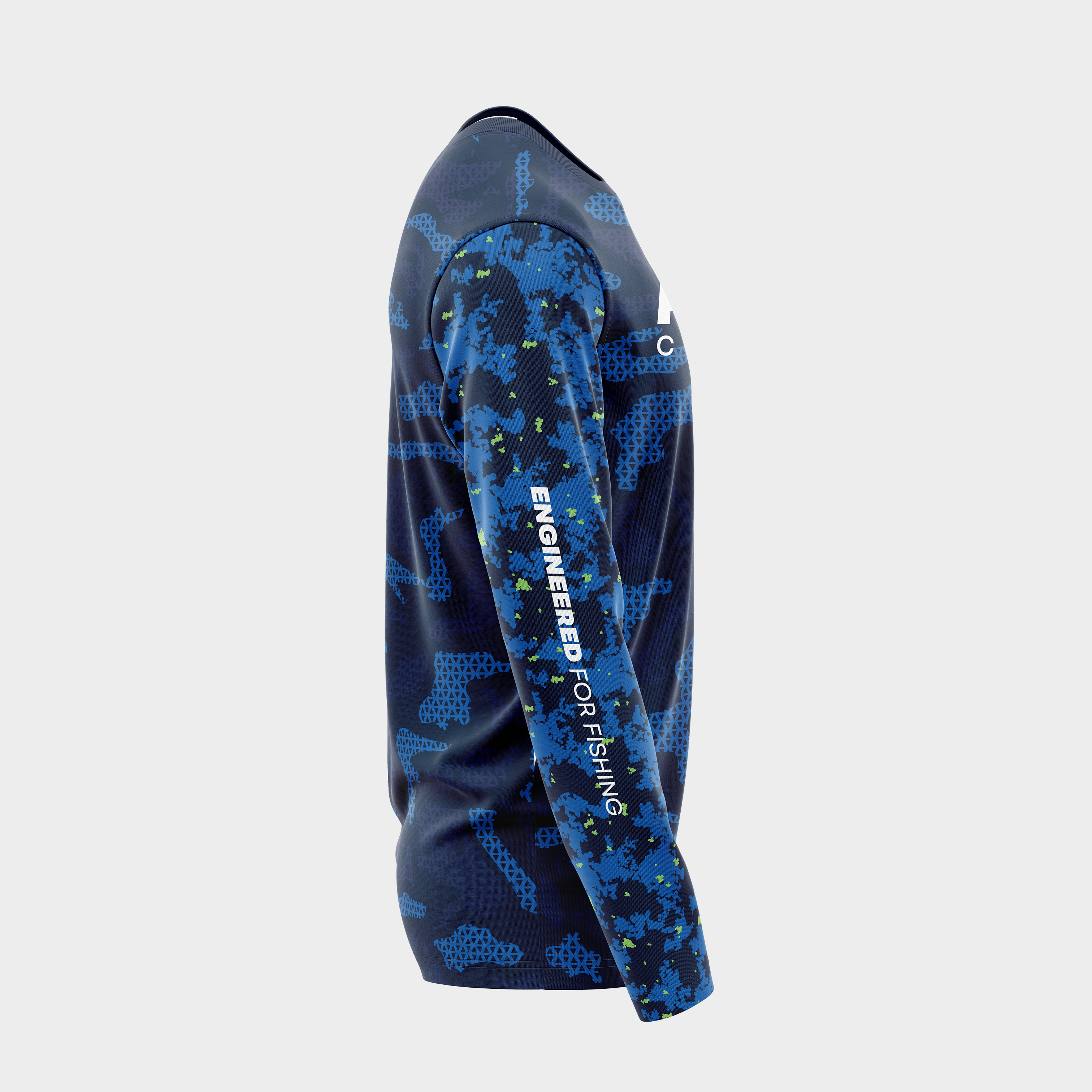 Right side view of the Marine Camo UPF 50+ shirt showing the long sleeve and thumb hole cuff