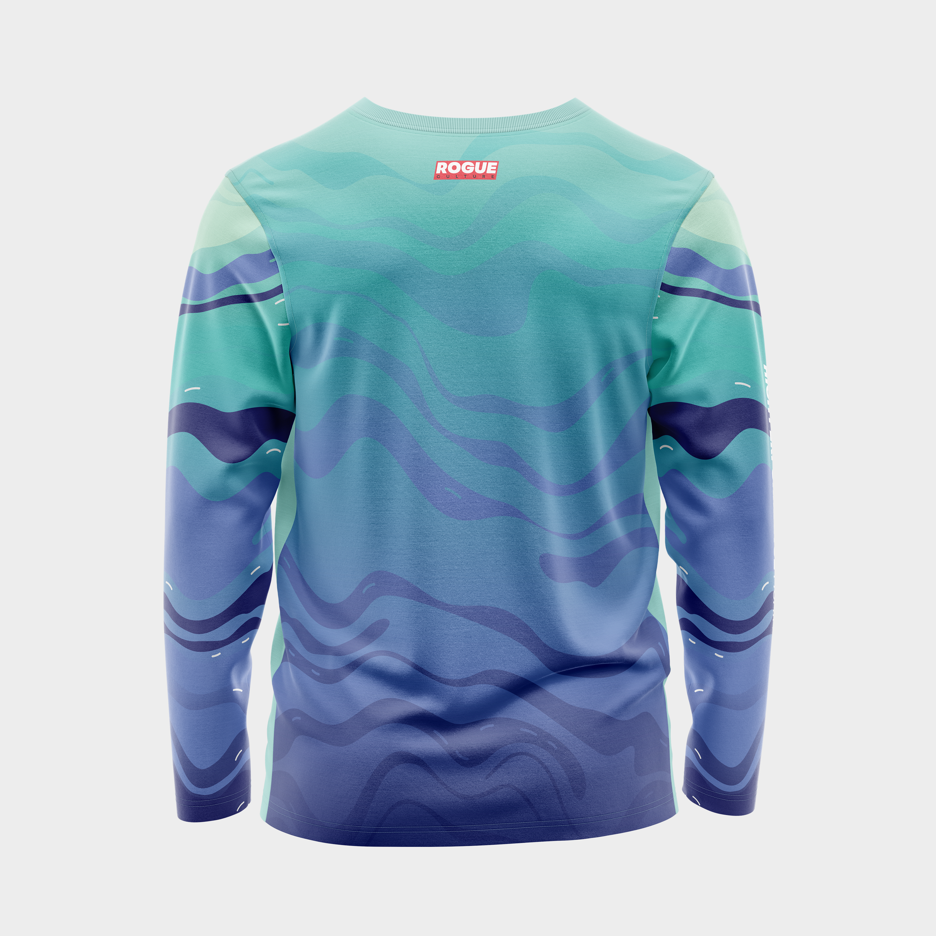 Back view of the Ocean Drift UPF 50+ shirt showing the full-width Rogue Culture back print