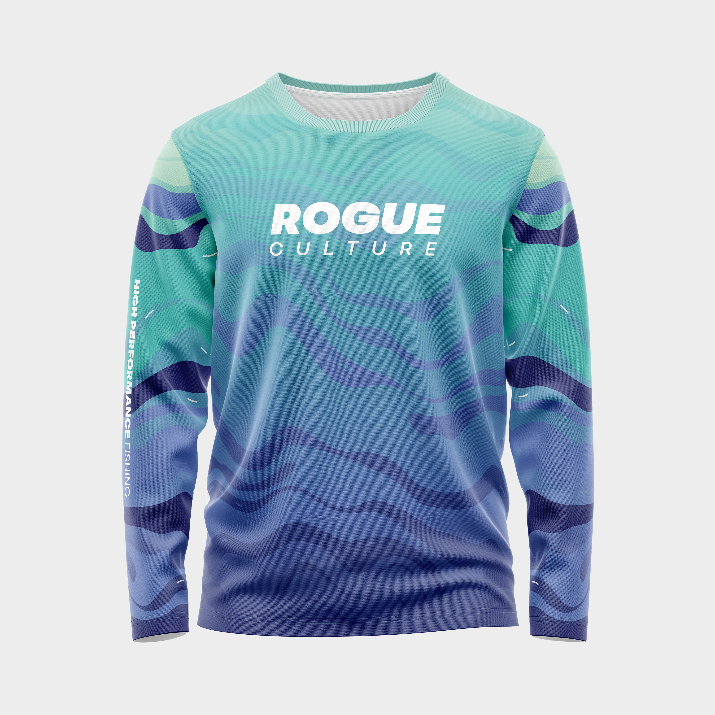 Front view of the Ocean Drift UPF 50+ long sleeve shirt showing the blue sublimated pattern and Rogue Culture chest logo